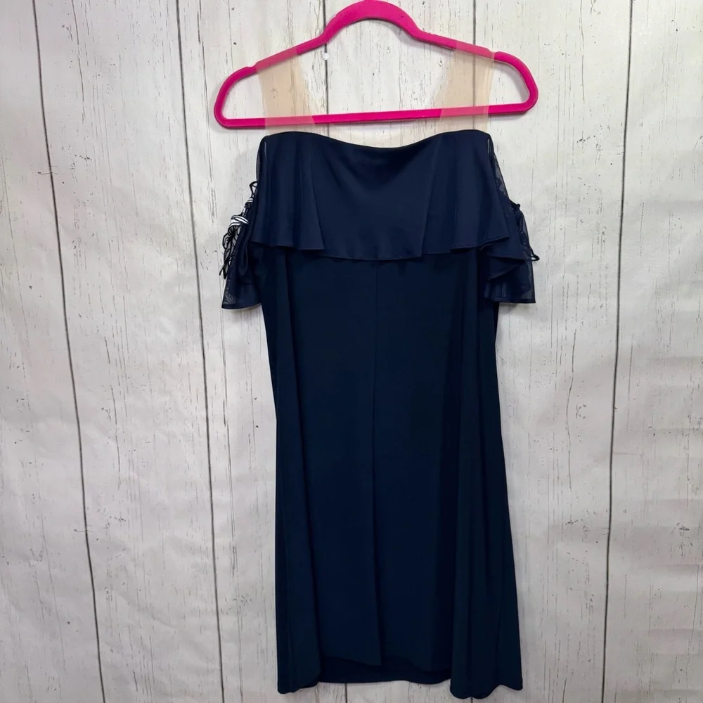 MSK Navy Illusion Off The Shoulder Floral Appliqué Dress Elegant Evening Chic